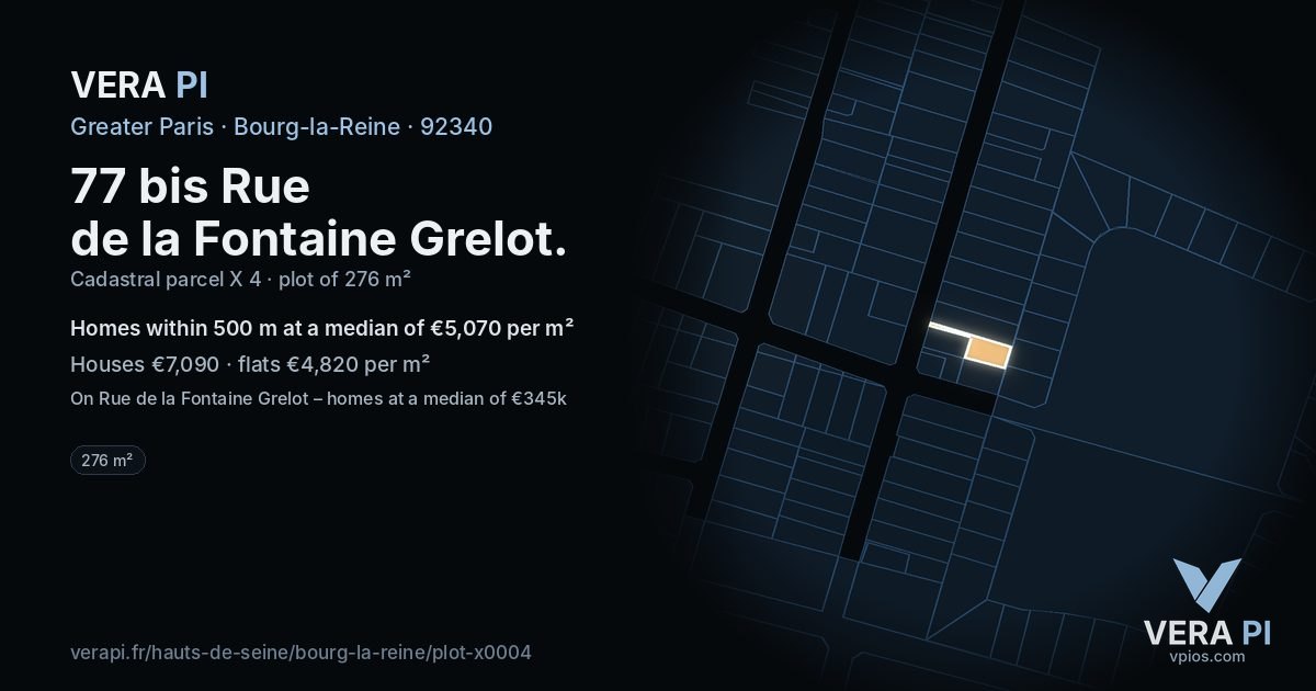 77 bis Rue de la Fontaine Grelot, Bourg-la-Reine at night – the plot lit, the parcels around coloured by the prices near them