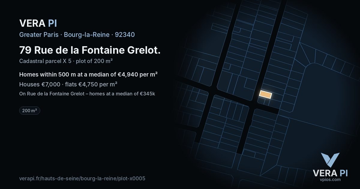 79 Rue de la Fontaine Grelot, Bourg-la-Reine at night – the plot lit, the parcels around coloured by the prices near them
