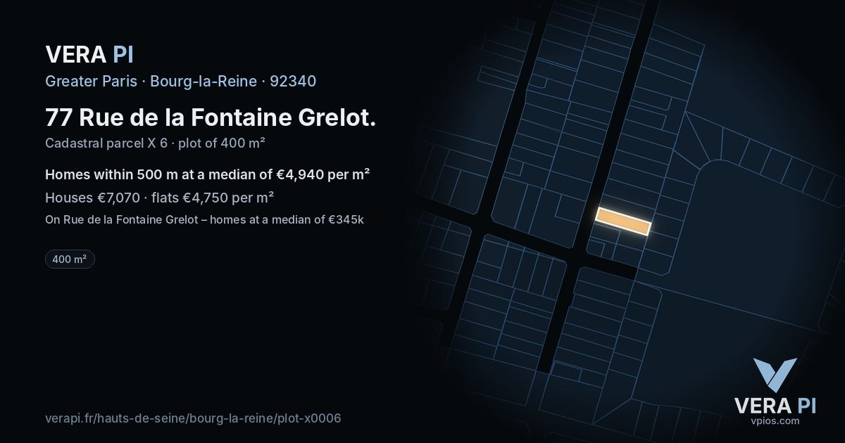 77 Rue de la Fontaine Grelot, Bourg-la-Reine at night – the plot lit, the parcels around coloured by the prices near them