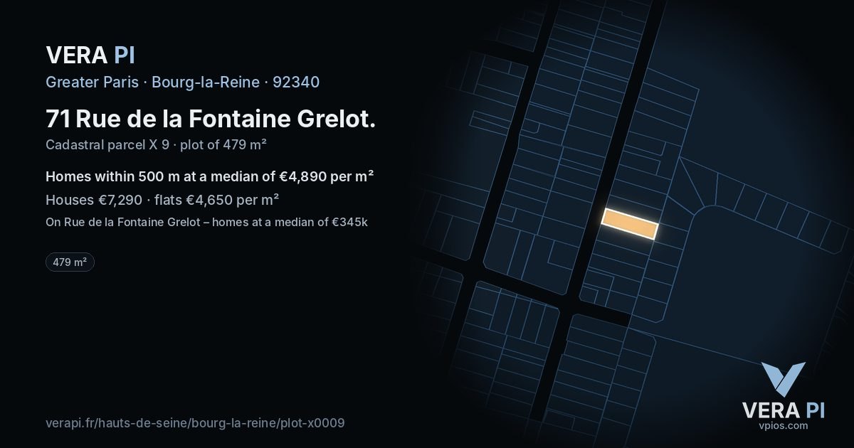 71 Rue de la Fontaine Grelot, Bourg-la-Reine at night – the plot lit, the parcels around coloured by the prices near them