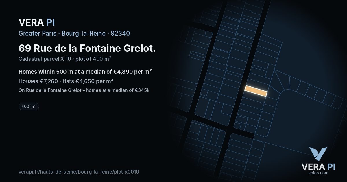69 Rue de la Fontaine Grelot, Bourg-la-Reine at night – the plot lit, the parcels around coloured by the prices near them