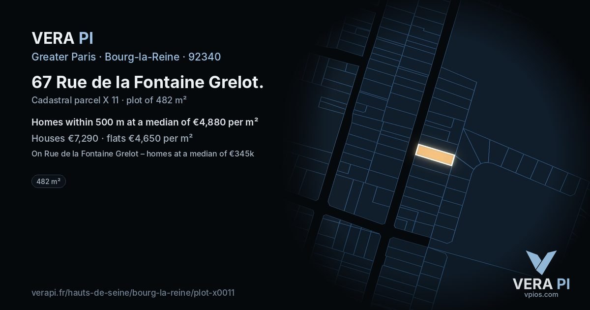 67 Rue de la Fontaine Grelot, Bourg-la-Reine at night – the plot lit, the parcels around coloured by the prices near them