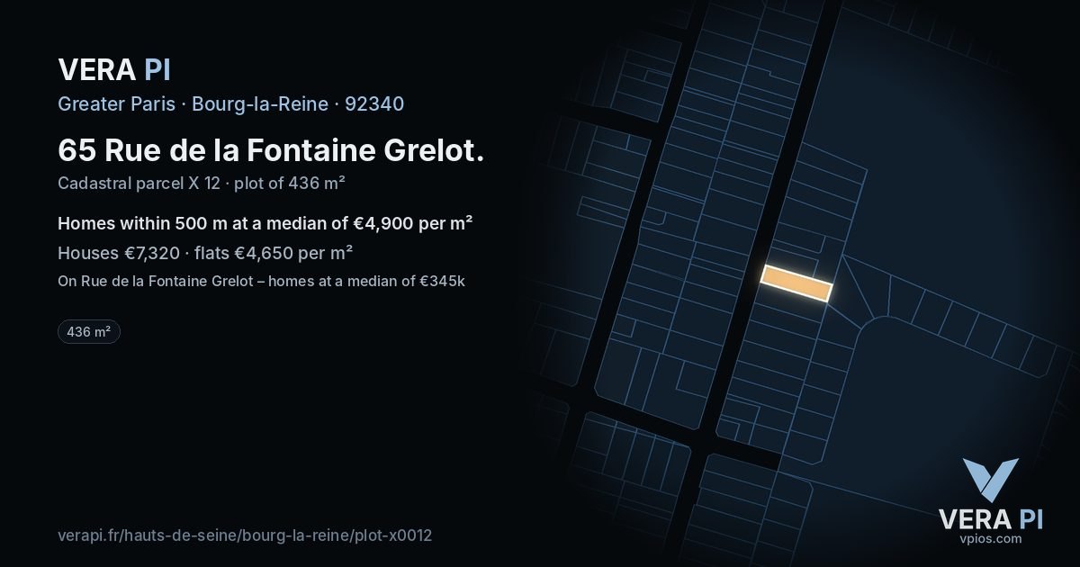 65 Rue de la Fontaine Grelot, Bourg-la-Reine at night – the plot lit, the parcels around coloured by the prices near them