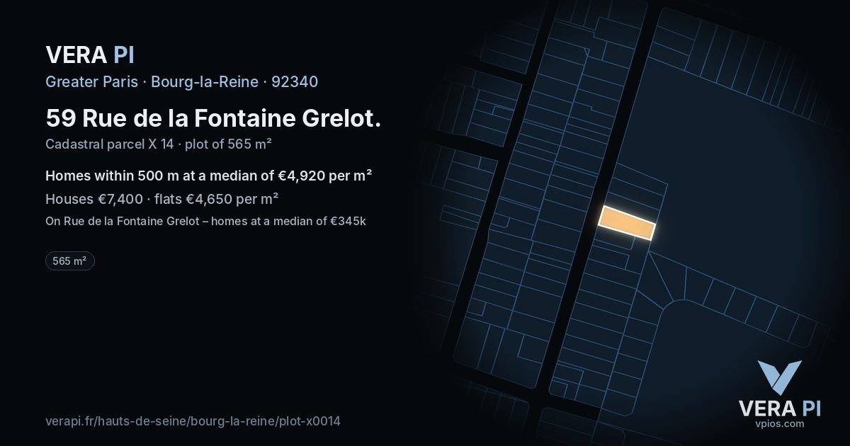 59 Rue de la Fontaine Grelot, Bourg-la-Reine at night – the plot lit, the parcels around coloured by the prices near them