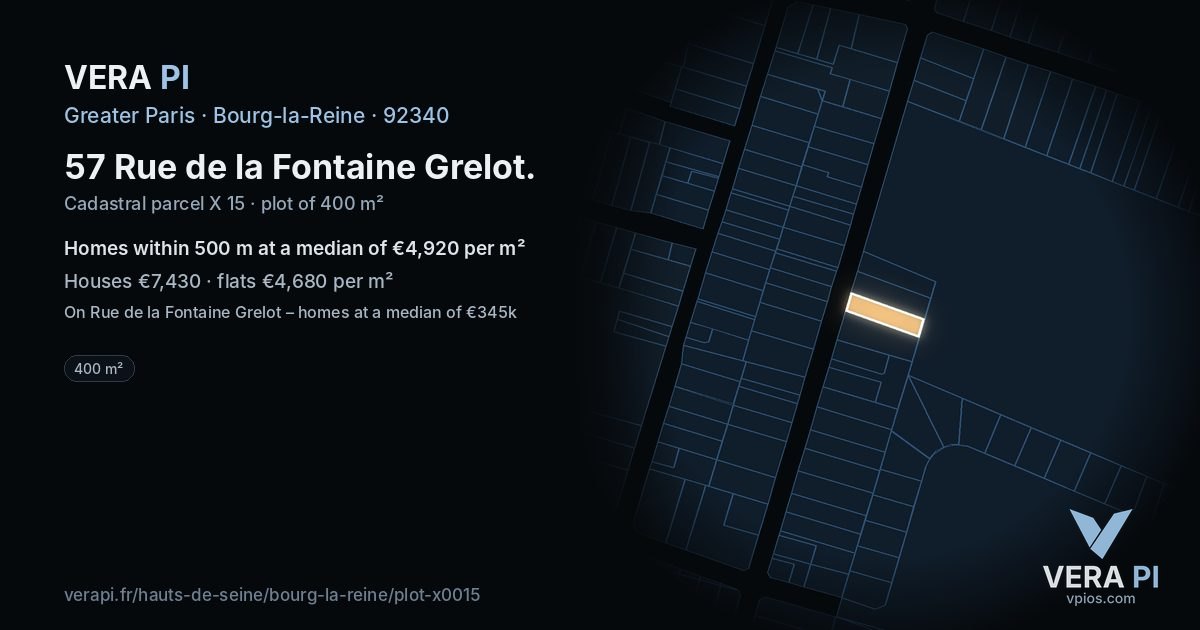 57 Rue de la Fontaine Grelot, Bourg-la-Reine at night – the plot lit, the parcels around coloured by the prices near them
