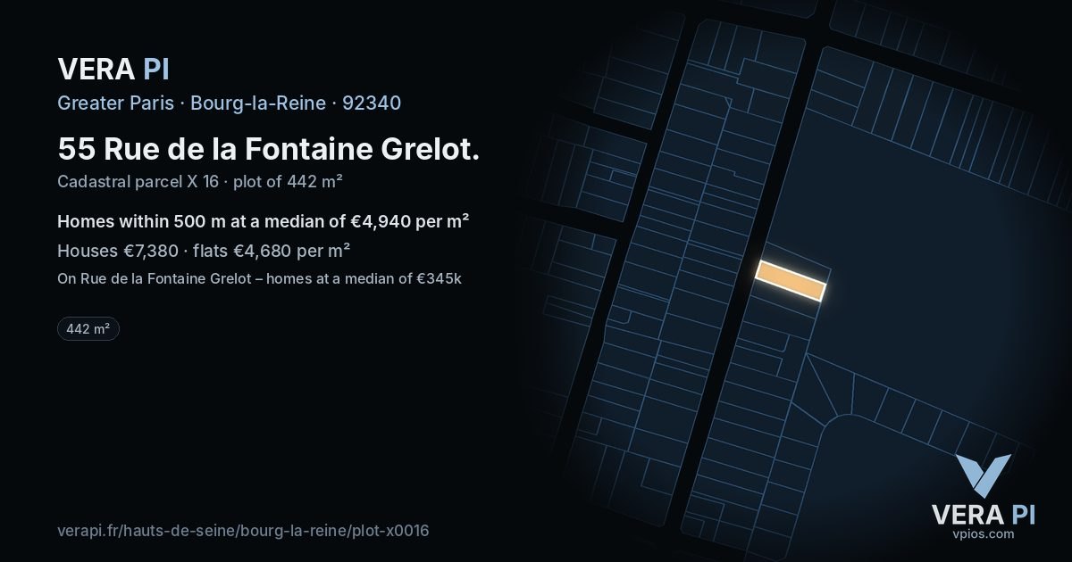 55 Rue de la Fontaine Grelot, Bourg-la-Reine at night – the plot lit, the parcels around coloured by the prices near them
