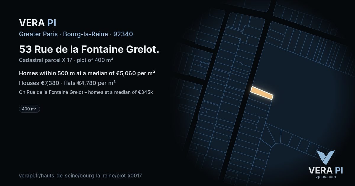 53 Rue de la Fontaine Grelot, Bourg-la-Reine at night – the plot lit, the parcels around coloured by the prices near them