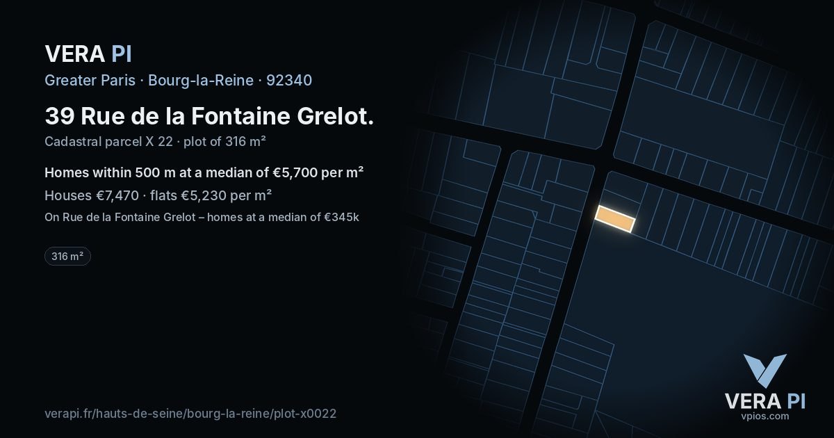 39 Rue de la Fontaine Grelot, Bourg-la-Reine at night – the plot lit, the parcels around coloured by the prices near them