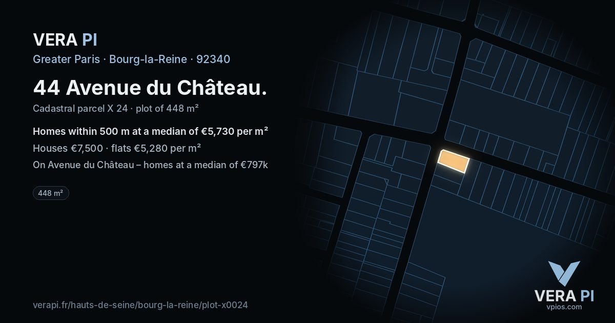 44 Avenue du Château, Bourg-la-Reine at night – the plot lit, the parcels around coloured by the prices near them