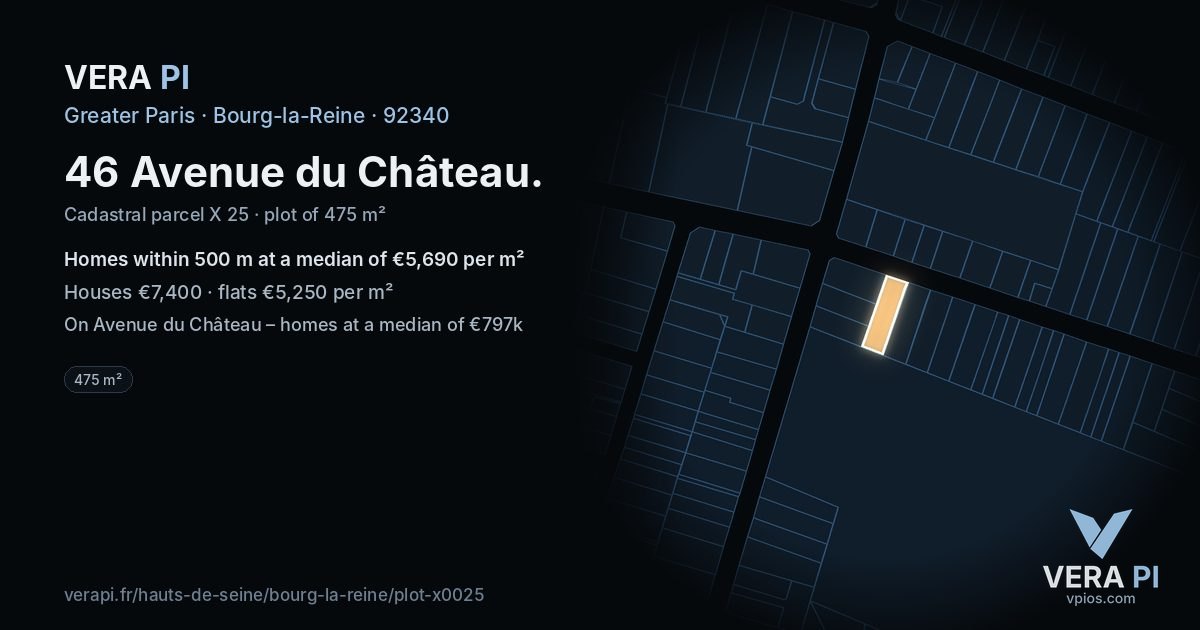 46 Avenue du Château, Bourg-la-Reine at night – the plot lit, the parcels around coloured by the prices near them
