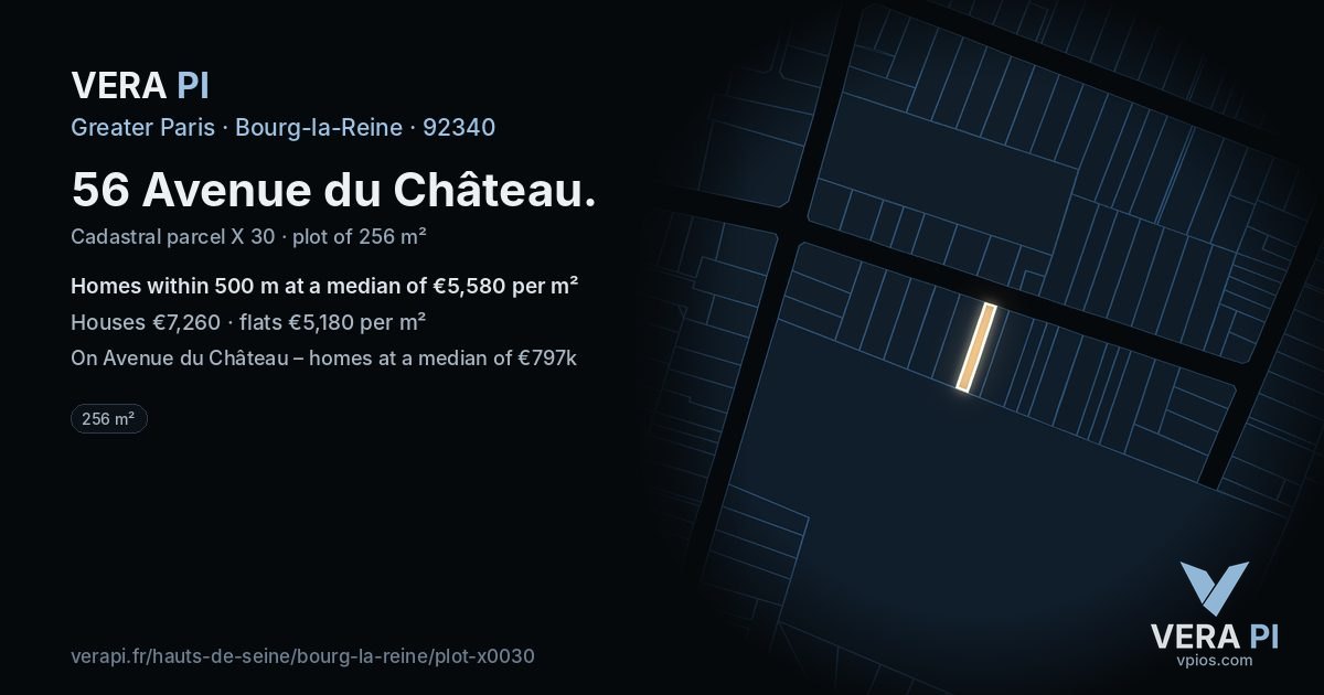 56 Avenue du Château, Bourg-la-Reine at night – the plot lit, the parcels around coloured by the prices near them