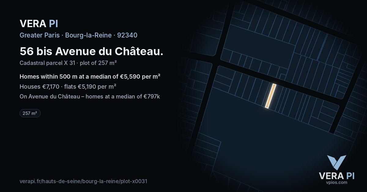 56 bis Avenue du Château, Bourg-la-Reine at night – the plot lit, the parcels around coloured by the prices near them