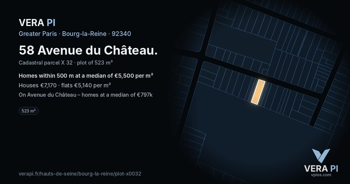 58 Avenue du Château, Bourg-la-Reine at night – the plot lit, the parcels around coloured by the prices near them