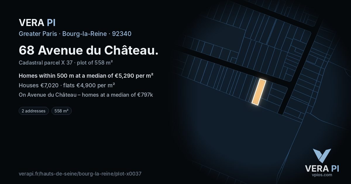 68 Avenue du Château, Bourg-la-Reine at night – the plot lit, the parcels around coloured by the prices near them