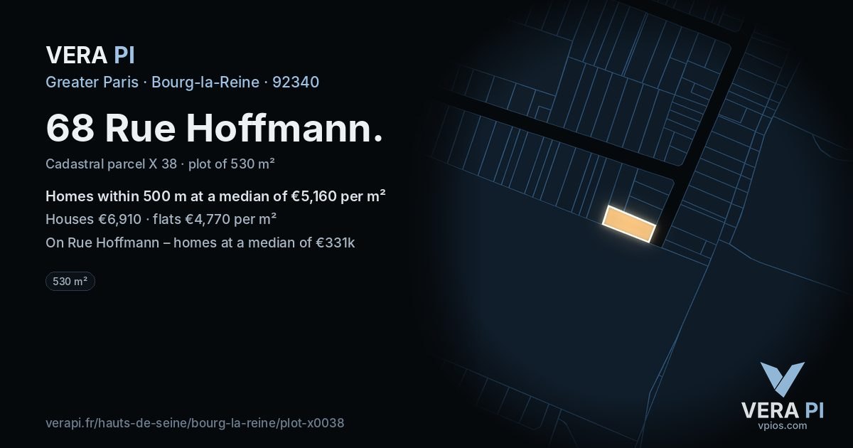 68 Rue Hoffmann, Bourg-la-Reine at night – the plot lit, the parcels around coloured by the prices near them