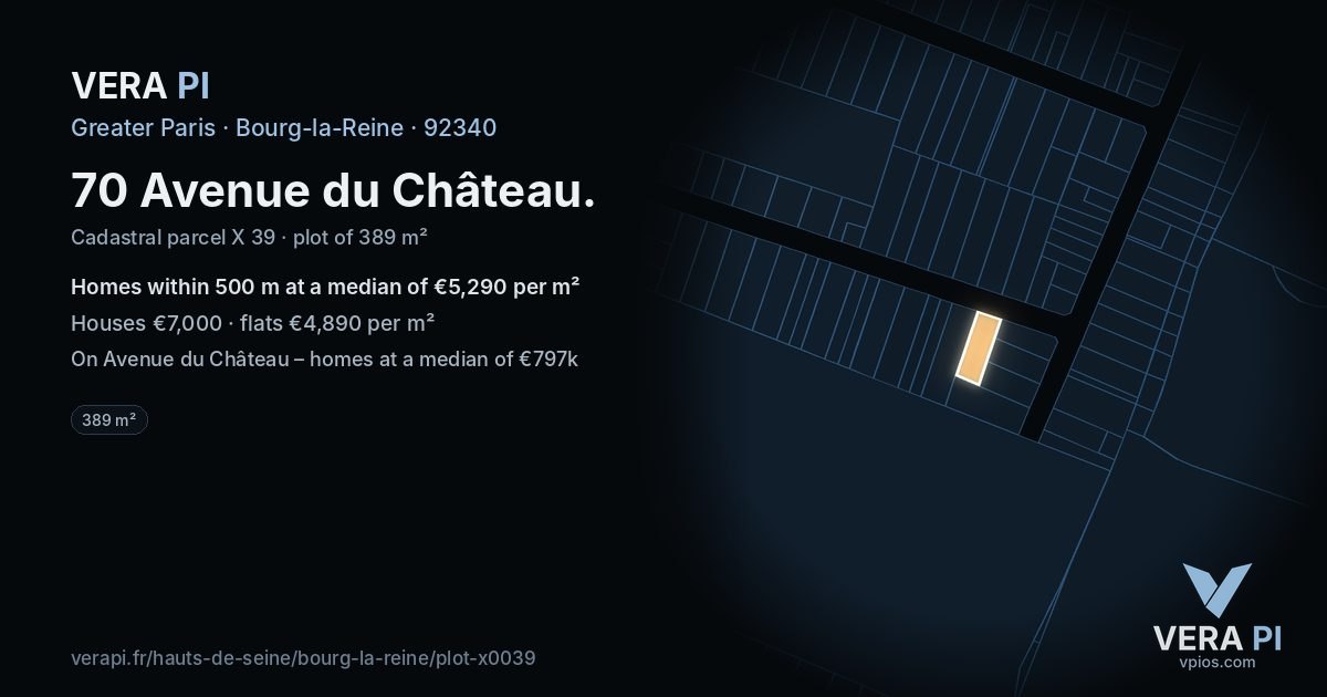 70 Avenue du Château, Bourg-la-Reine at night – the plot lit, the parcels around coloured by the prices near them