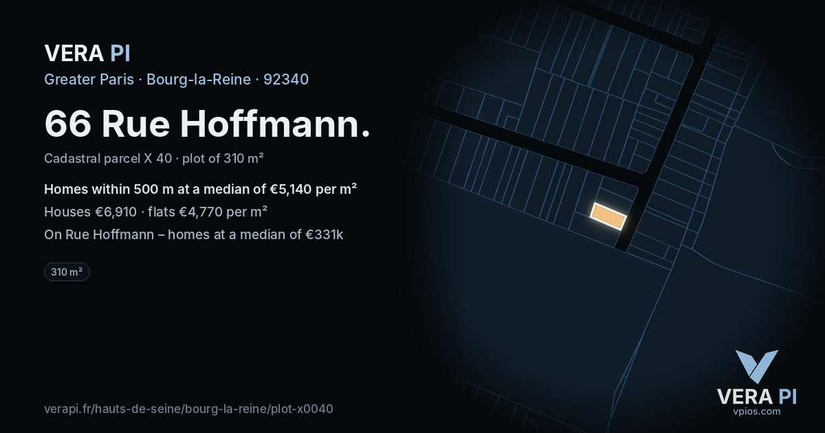 66 Rue Hoffmann, Bourg-la-Reine at night – the plot lit, the parcels around coloured by the prices near them