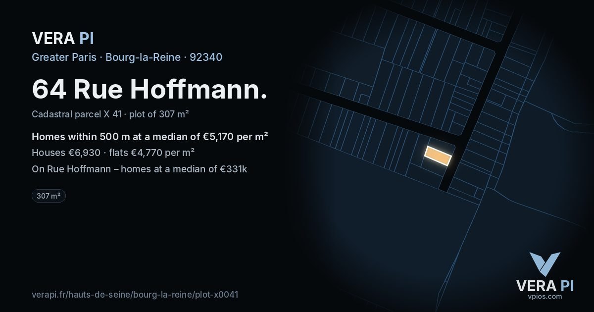 64 Rue Hoffmann, Bourg-la-Reine at night – the plot lit, the parcels around coloured by the prices near them