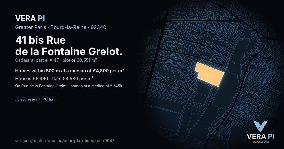 41 bis Rue de la Fontaine Grelot, Bourg-la-Reine at night – the plot lit, the parcels around coloured by the prices near them