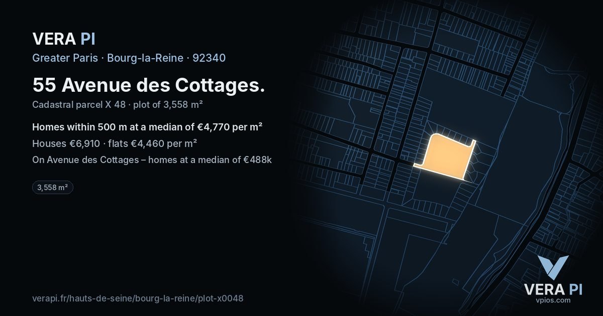 55 Avenue des Cottages, Bourg-la-Reine at night – the plot lit, the parcels around coloured by the prices near them