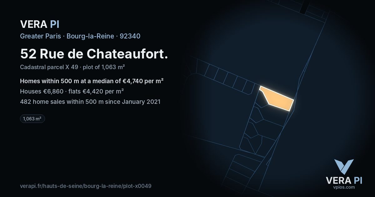 52 Rue de Chateaufort, Bourg-la-Reine at night – the plot lit, the parcels around coloured by the prices near them