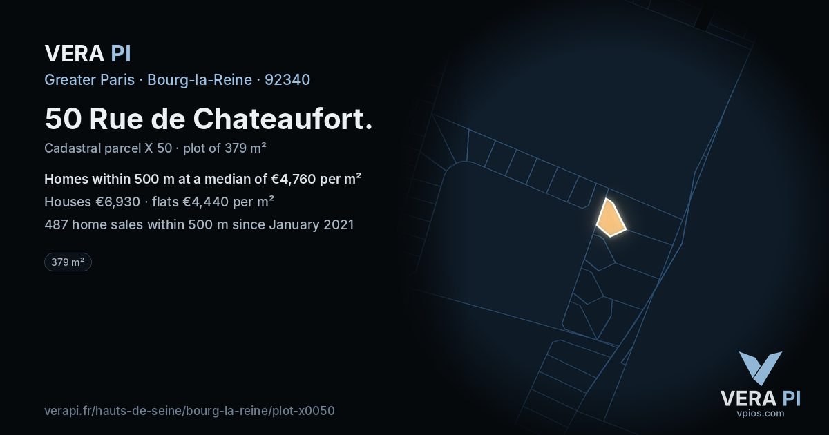 50 Rue de Chateaufort, Bourg-la-Reine at night – the plot lit, the parcels around coloured by the prices near them