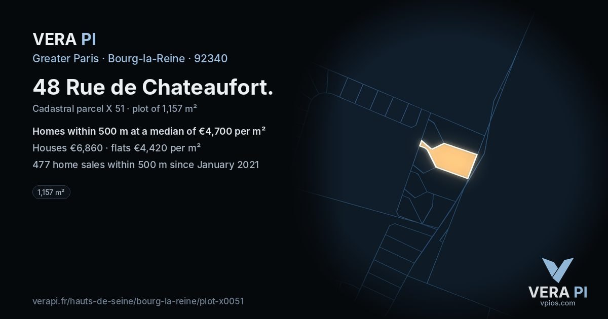 48 Rue de Chateaufort, Bourg-la-Reine at night – the plot lit, the parcels around coloured by the prices near them