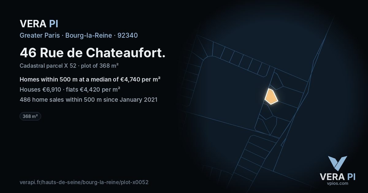 46 Rue de Chateaufort, Bourg-la-Reine at night – the plot lit, the parcels around coloured by the prices near them