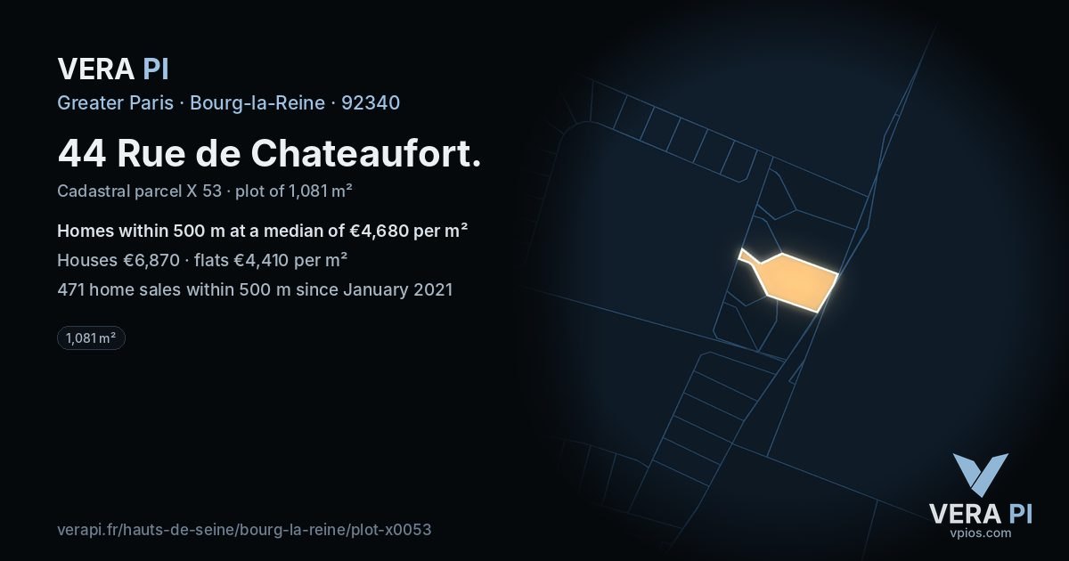 44 Rue de Chateaufort, Bourg-la-Reine at night – the plot lit, the parcels around coloured by the prices near them