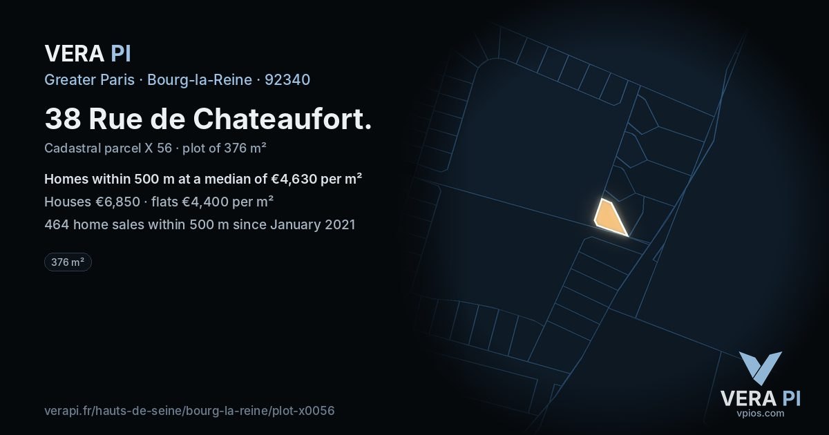 38 Rue de Chateaufort, Bourg-la-Reine at night – the plot lit, the parcels around coloured by the prices near them