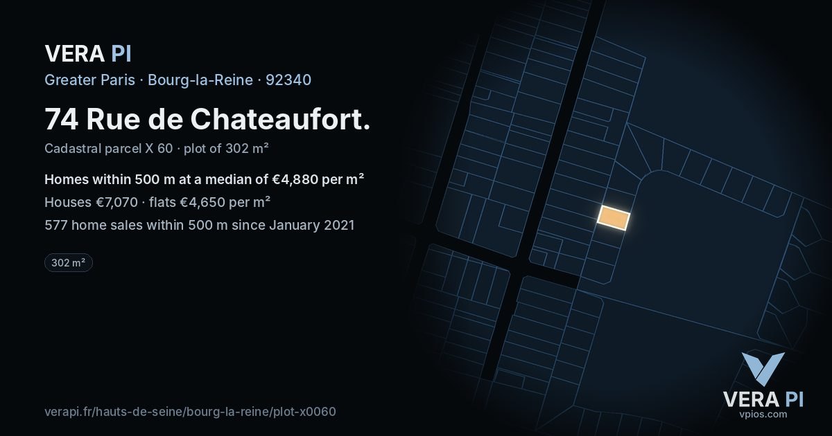 74 Rue de Chateaufort, Bourg-la-Reine at night – the plot lit, the parcels around coloured by the prices near them