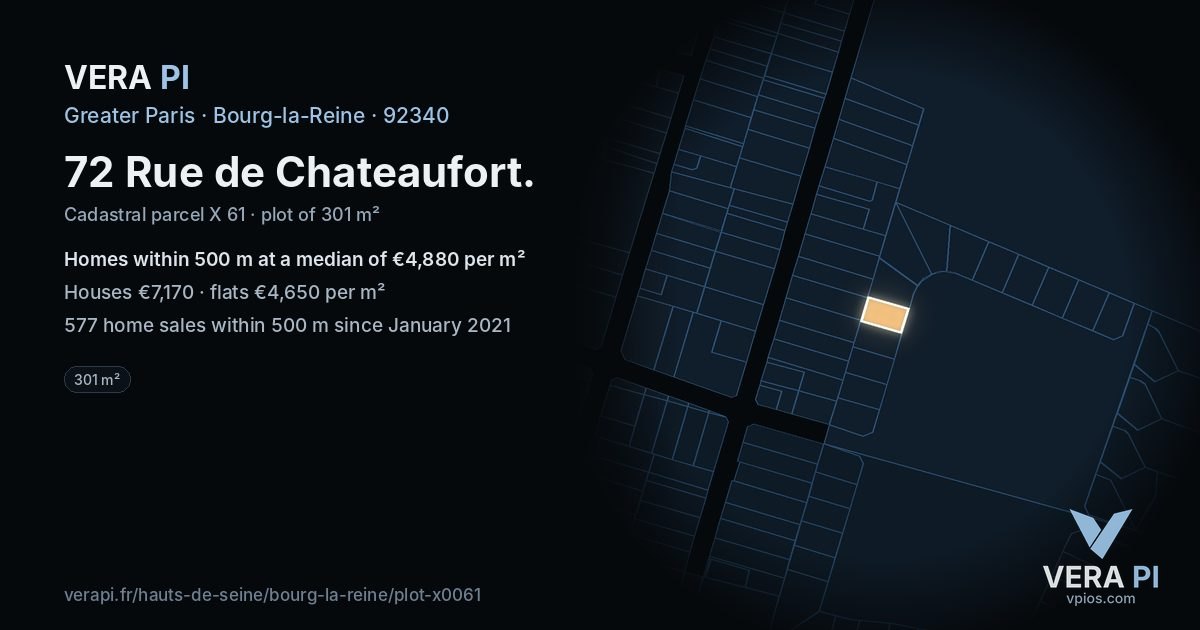 72 Rue de Chateaufort, Bourg-la-Reine at night – the plot lit, the parcels around coloured by the prices near them