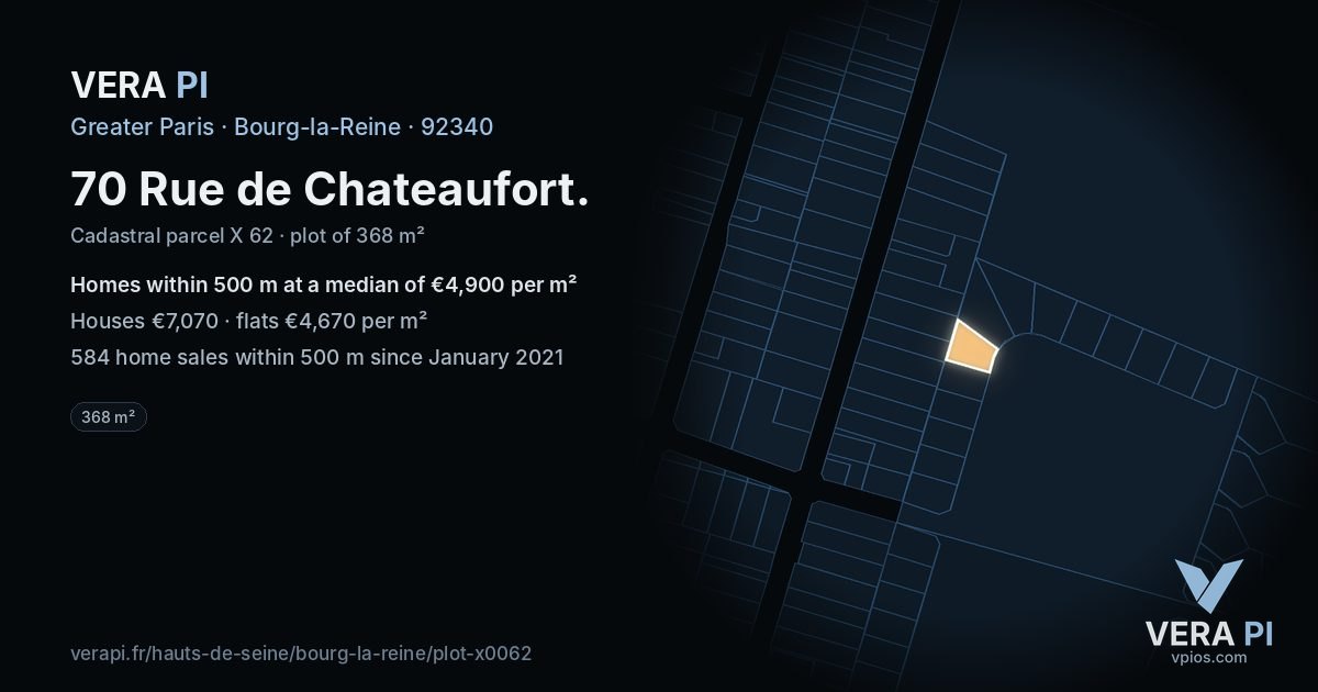 70 Rue de Chateaufort, Bourg-la-Reine at night – the plot lit, the parcels around coloured by the prices near them