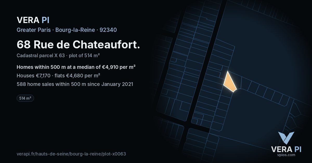 68 Rue de Chateaufort, Bourg-la-Reine at night – the plot lit, the parcels around coloured by the prices near them