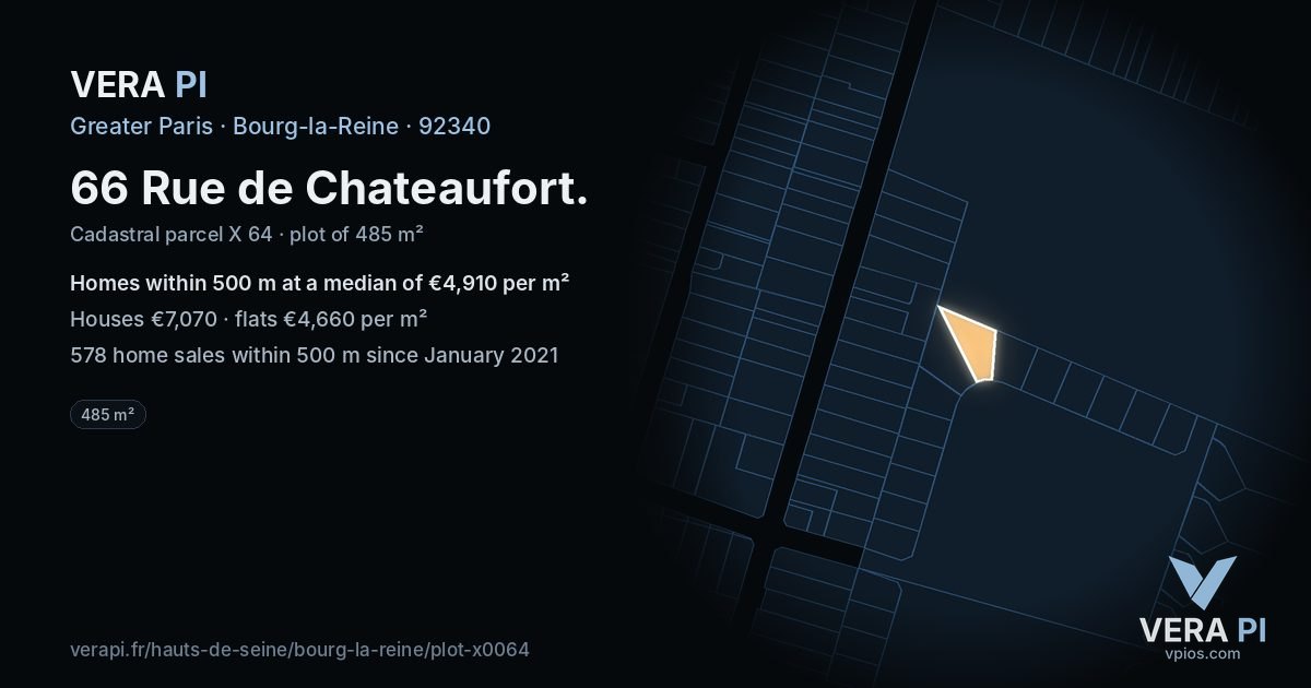 66 Rue de Chateaufort, Bourg-la-Reine at night – the plot lit, the parcels around coloured by the prices near them