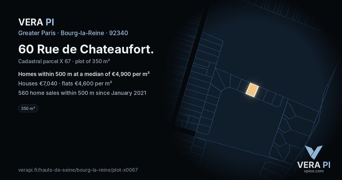 60 Rue de Chateaufort, Bourg-la-Reine at night – the plot lit, the parcels around coloured by the prices near them