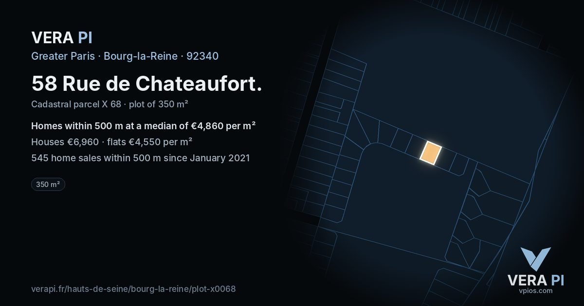 58 Rue de Chateaufort, Bourg-la-Reine at night – the plot lit, the parcels around coloured by the prices near them