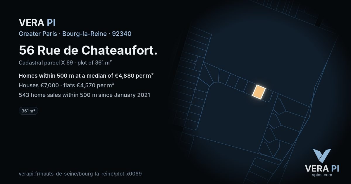 56 Rue de Chateaufort, Bourg-la-Reine at night – the plot lit, the parcels around coloured by the prices near them