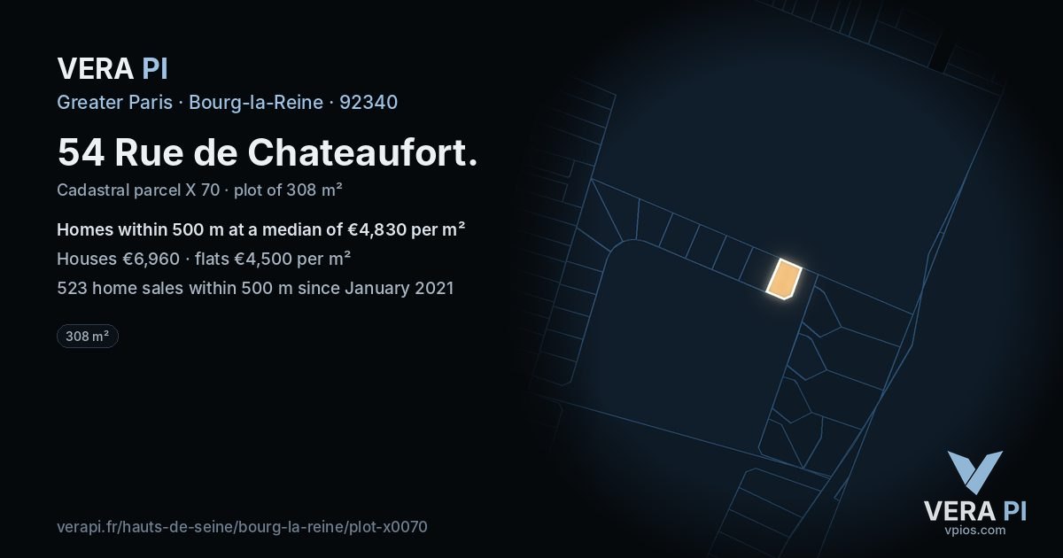 54 Rue de Chateaufort, Bourg-la-Reine at night – the plot lit, the parcels around coloured by the prices near them