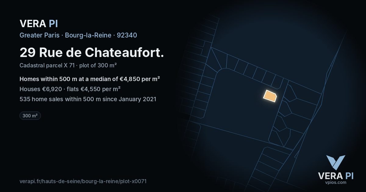 29 Rue de Chateaufort, Bourg-la-Reine at night – the plot lit, the parcels around coloured by the prices near them