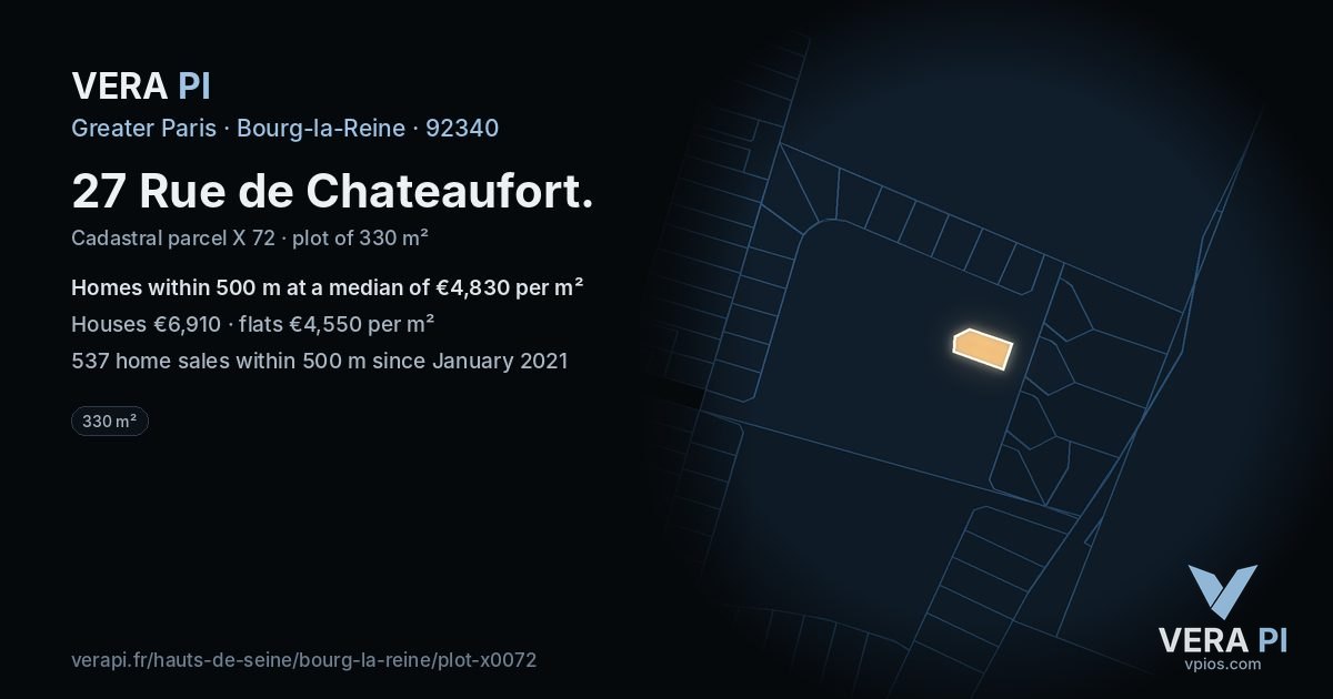 27 Rue de Chateaufort, Bourg-la-Reine at night – the plot lit, the parcels around coloured by the prices near them