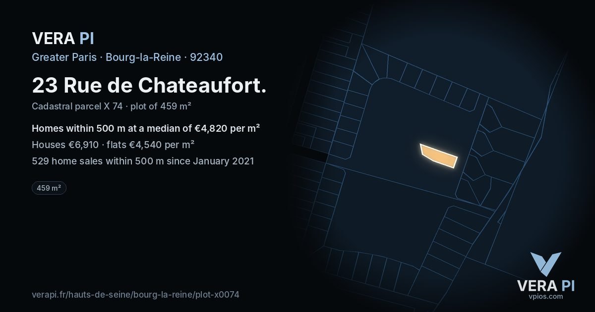 23 Rue de Chateaufort, Bourg-la-Reine at night – the plot lit, the parcels around coloured by the prices near them