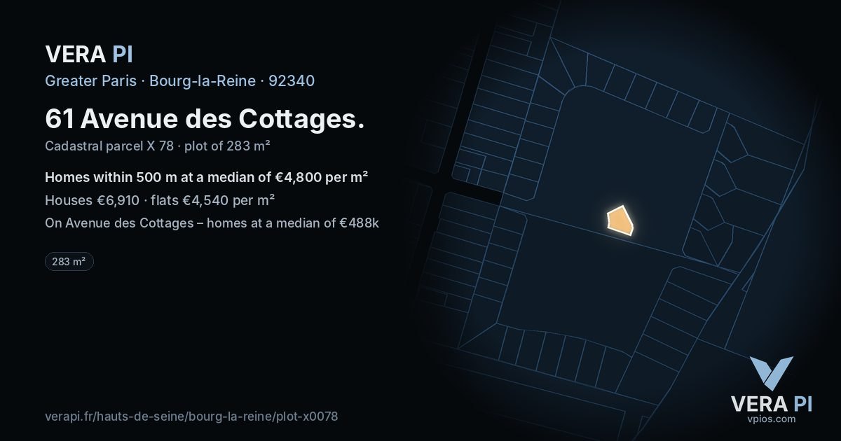 61 Avenue des Cottages, Bourg-la-Reine at night – the plot lit, the parcels around coloured by the prices near them