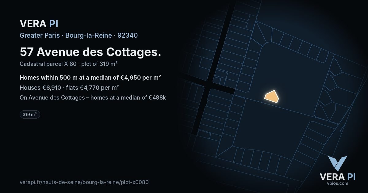 57 Avenue des Cottages, Bourg-la-Reine at night – the plot lit, the parcels around coloured by the prices near them