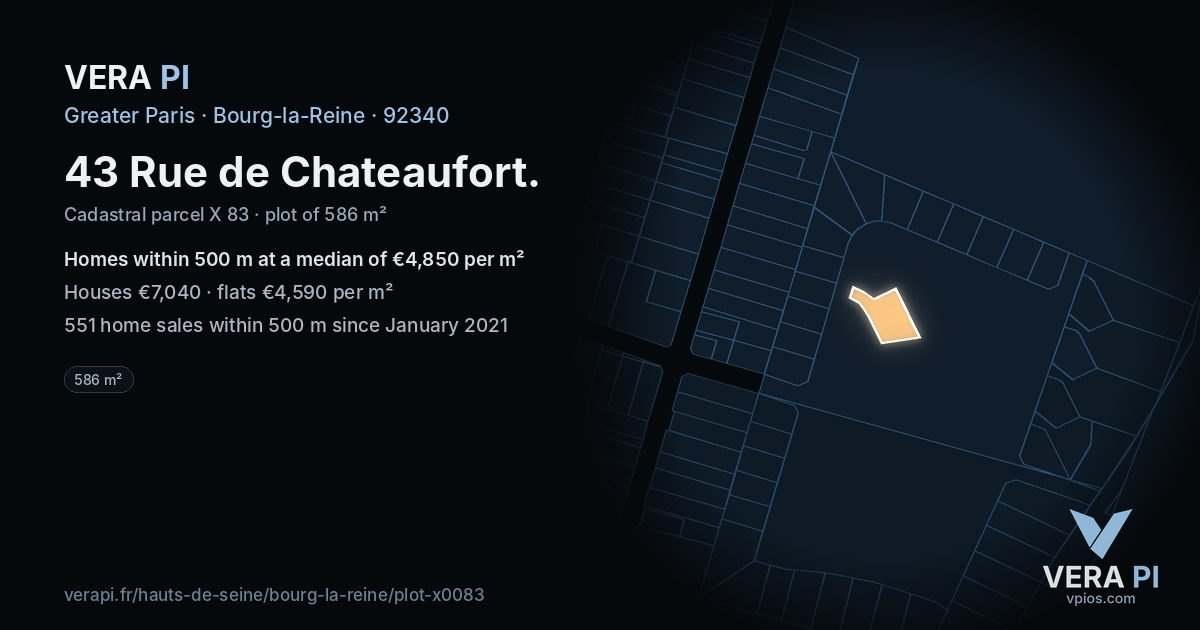43 Rue de Chateaufort, Bourg-la-Reine at night – the plot lit, the parcels around coloured by the prices near them