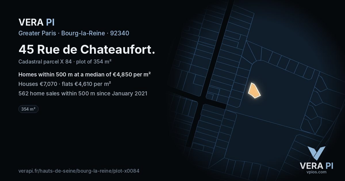 45 Rue de Chateaufort, Bourg-la-Reine at night – the plot lit, the parcels around coloured by the prices near them