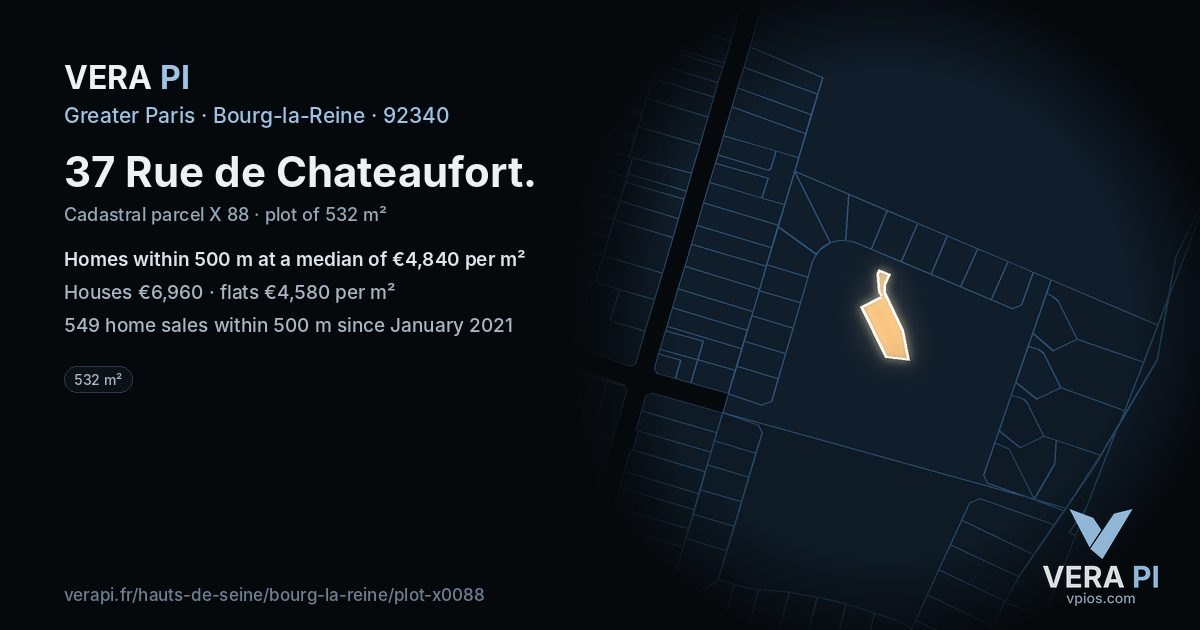 37 Rue de Chateaufort, Bourg-la-Reine at night – the plot lit, the parcels around coloured by the prices near them