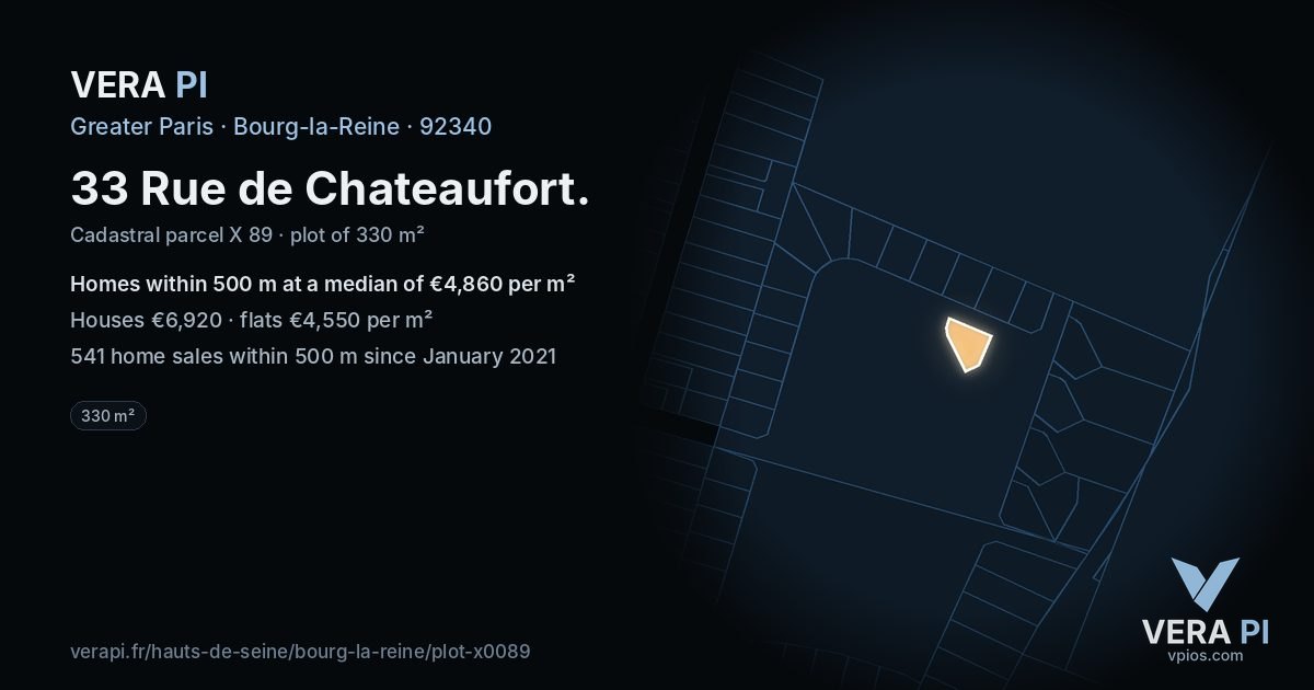 33 Rue de Chateaufort, Bourg-la-Reine at night – the plot lit, the parcels around coloured by the prices near them