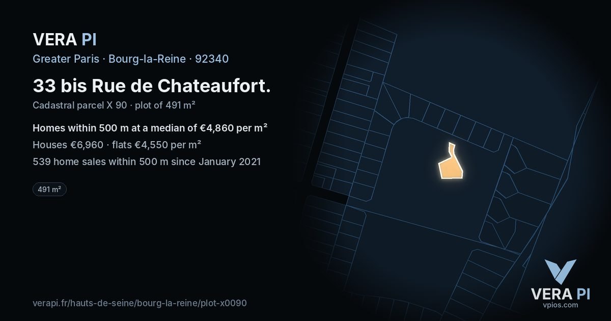 33 bis Rue de Chateaufort, Bourg-la-Reine at night – the plot lit, the parcels around coloured by the prices near them