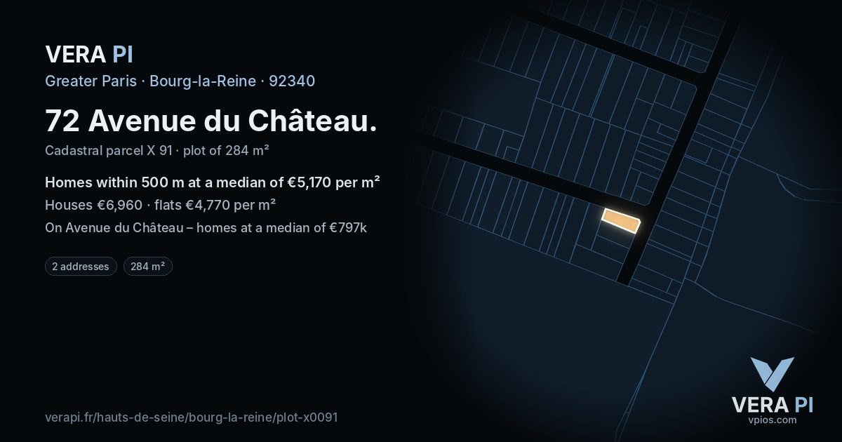 72 Avenue du Château, Bourg-la-Reine at night – the plot lit, the parcels around coloured by the prices near them